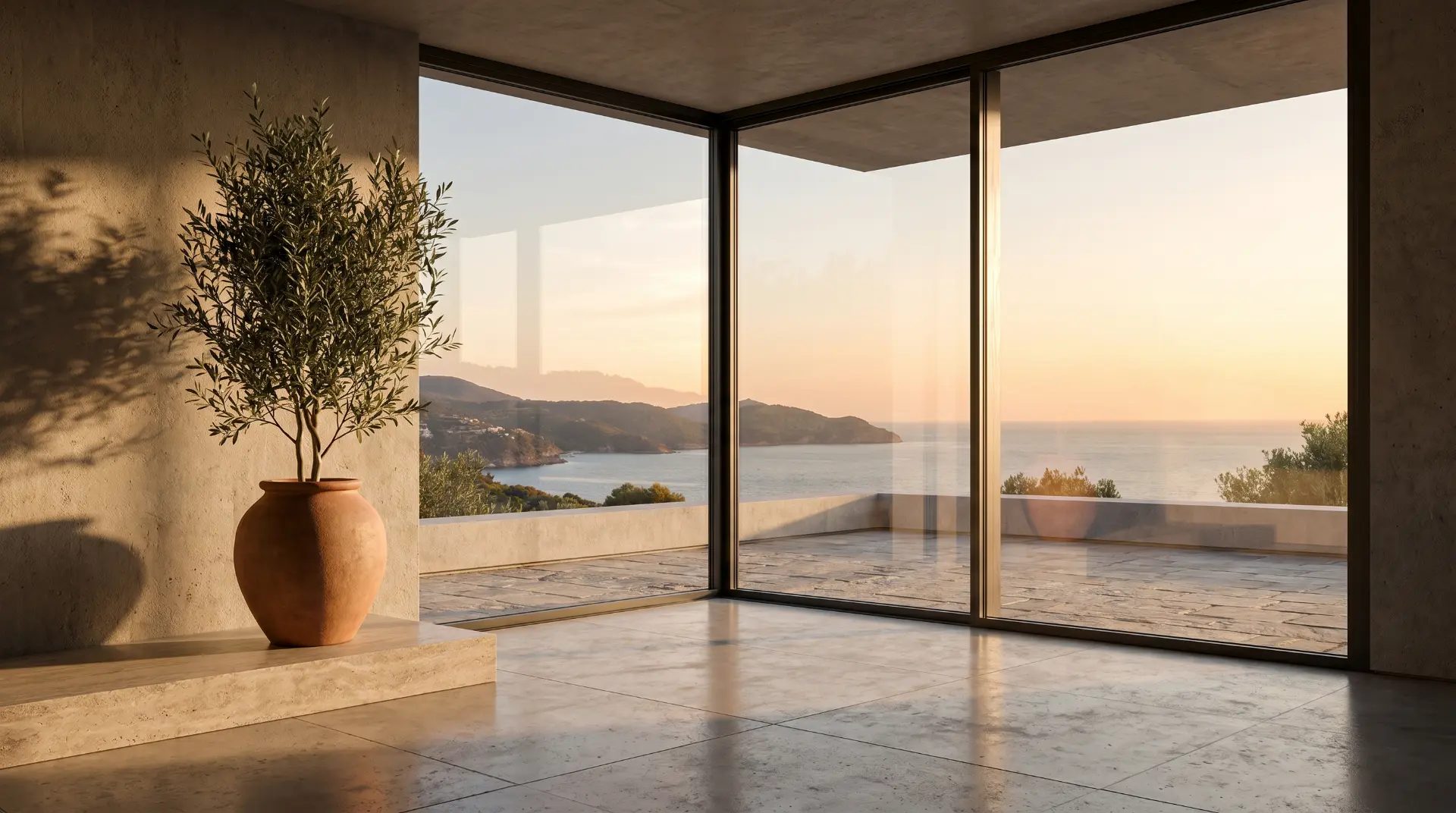 Sunset sea view framed by floor-to-ceiling aluminium glazing