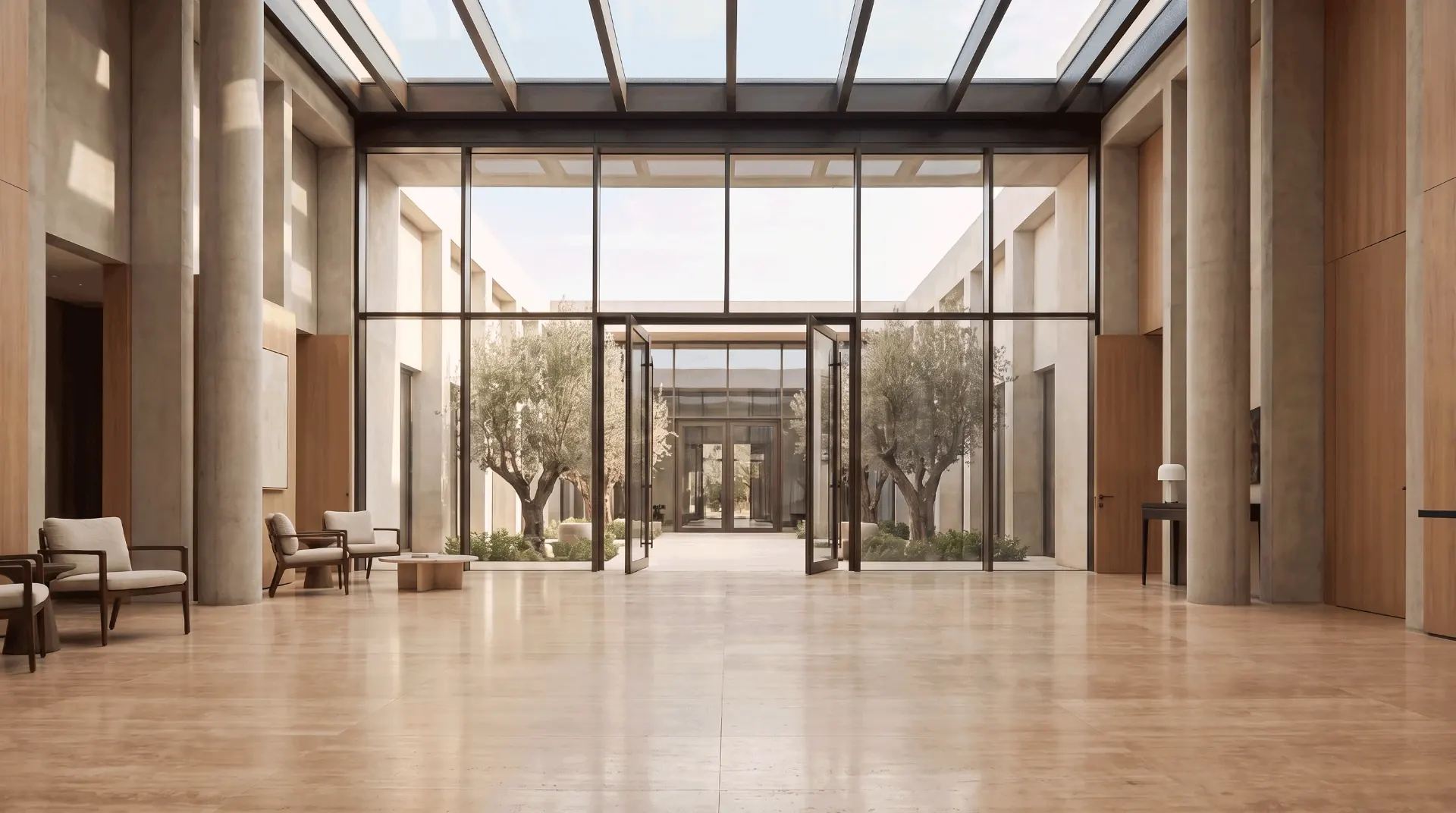 WINDOX aluminium and glass façade opening onto a landscaped courtyard