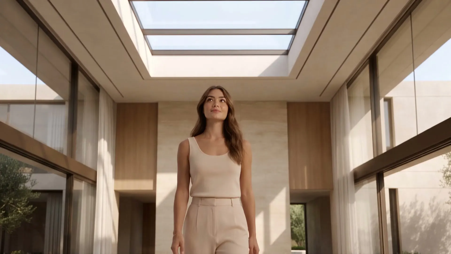 Double-height interior lit by a bronze-framed skylight and floor-to-ceiling glazing