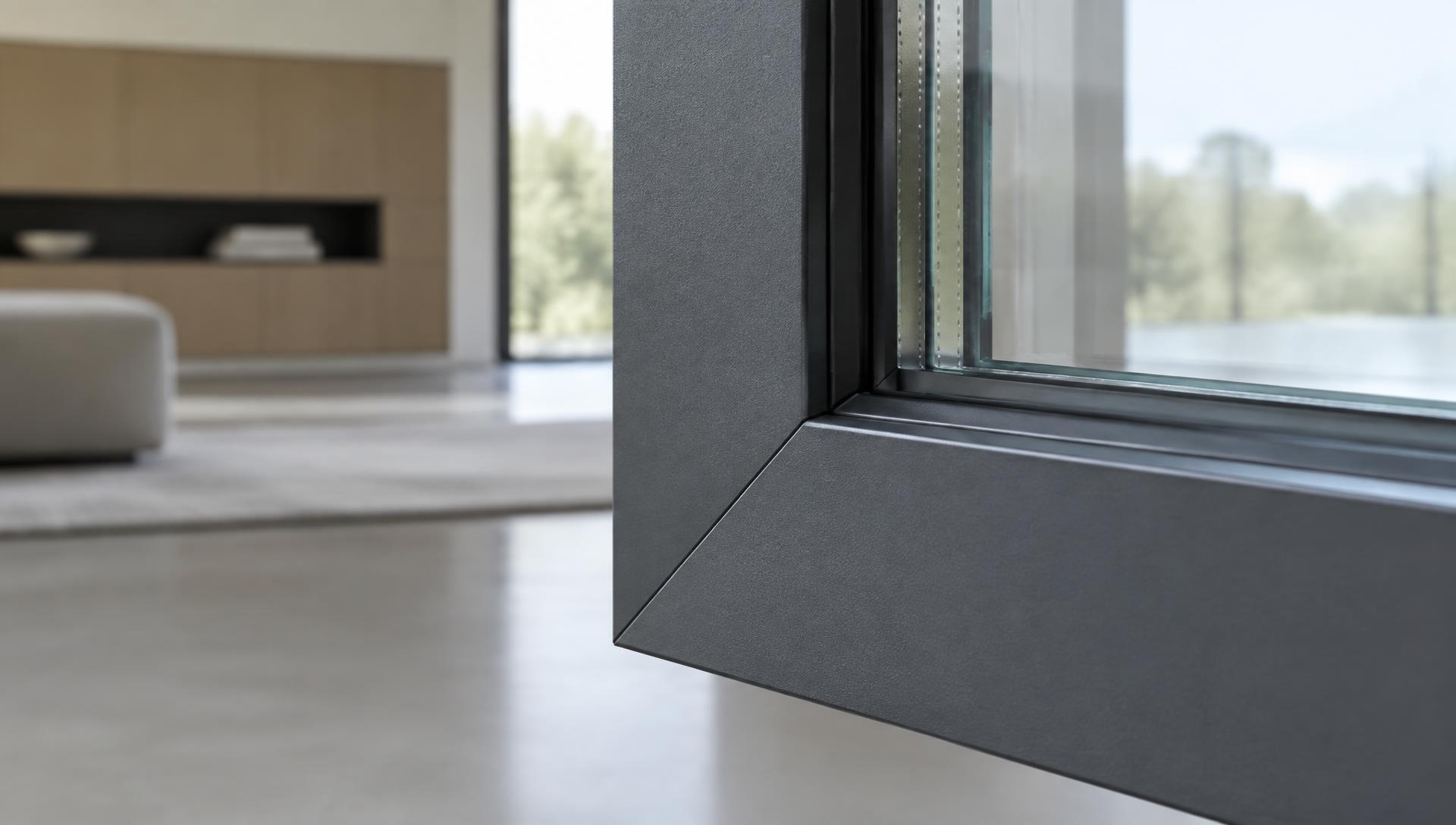 Illustrative close-up of a mitred aluminium frame corner, glazing edge and gasket