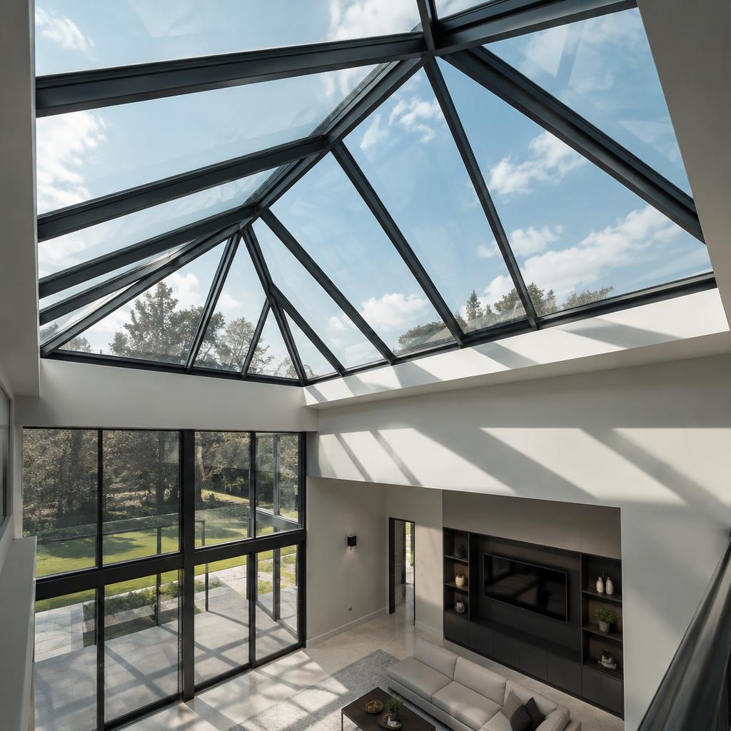 Custom geometric roof lantern skylight over a double-height living space