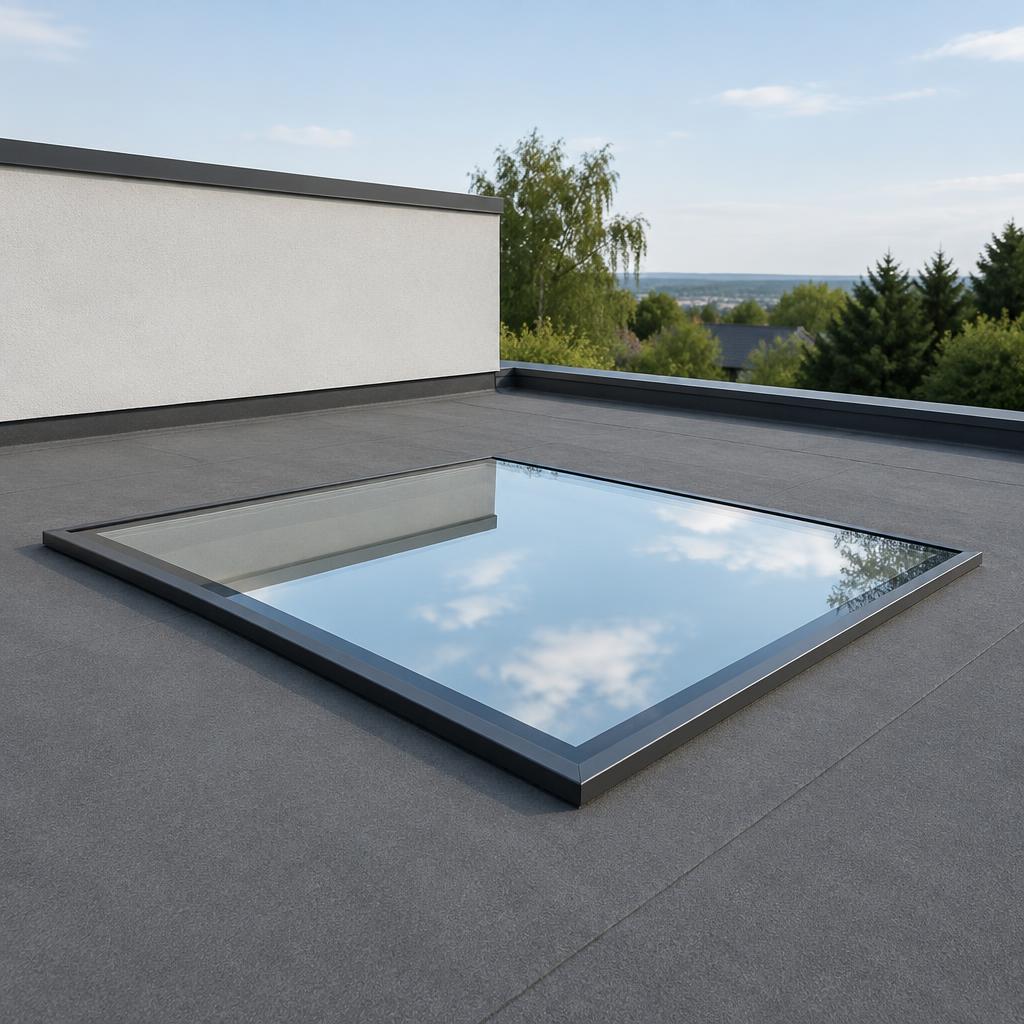 Fixed flat skylight set into a flat roof with a slim aluminium frame