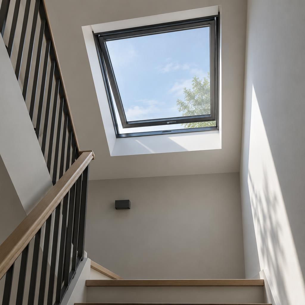 Opening skylight above a staircase bringing in daylight and fresh air