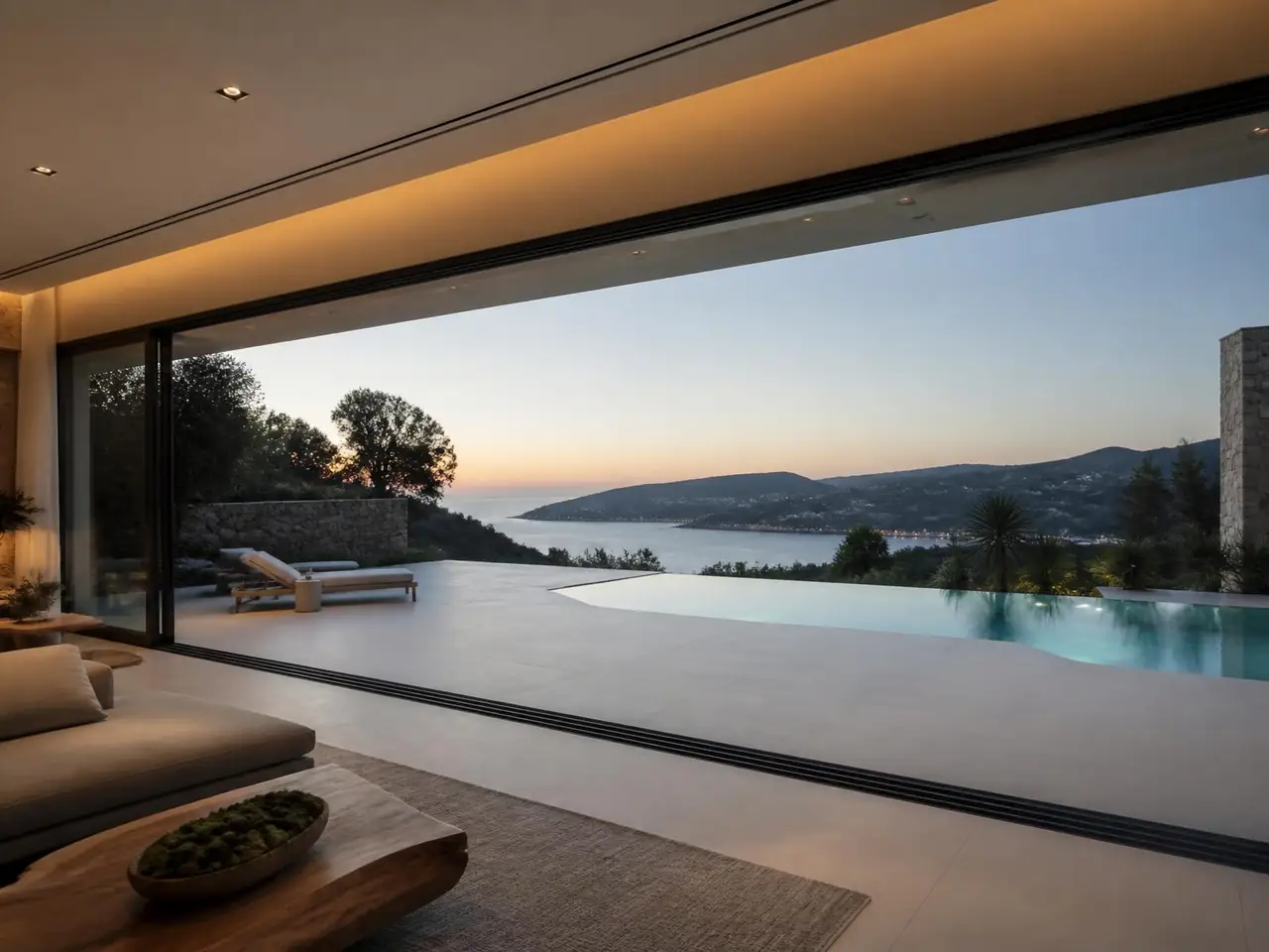 Large aluminium sliding doors opening a living room onto a terrace