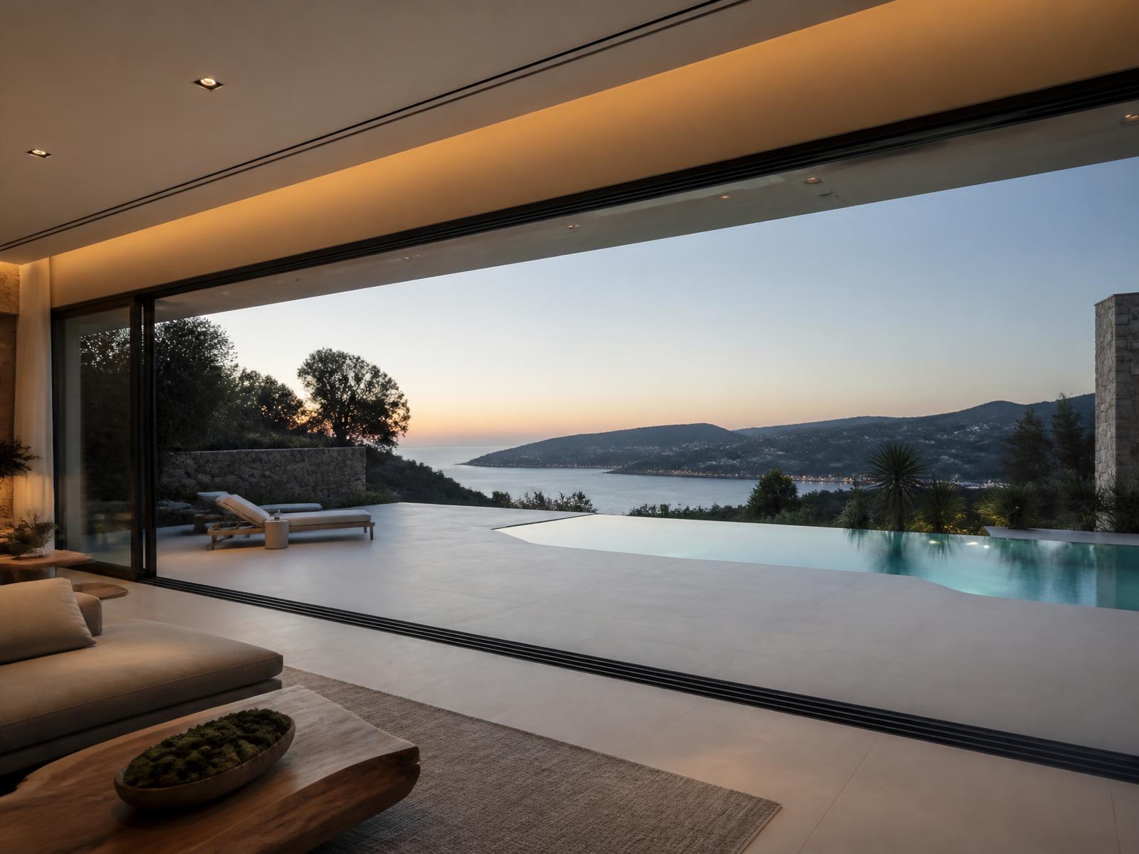 Large aluminium sliding doors opening a living room onto a terrace